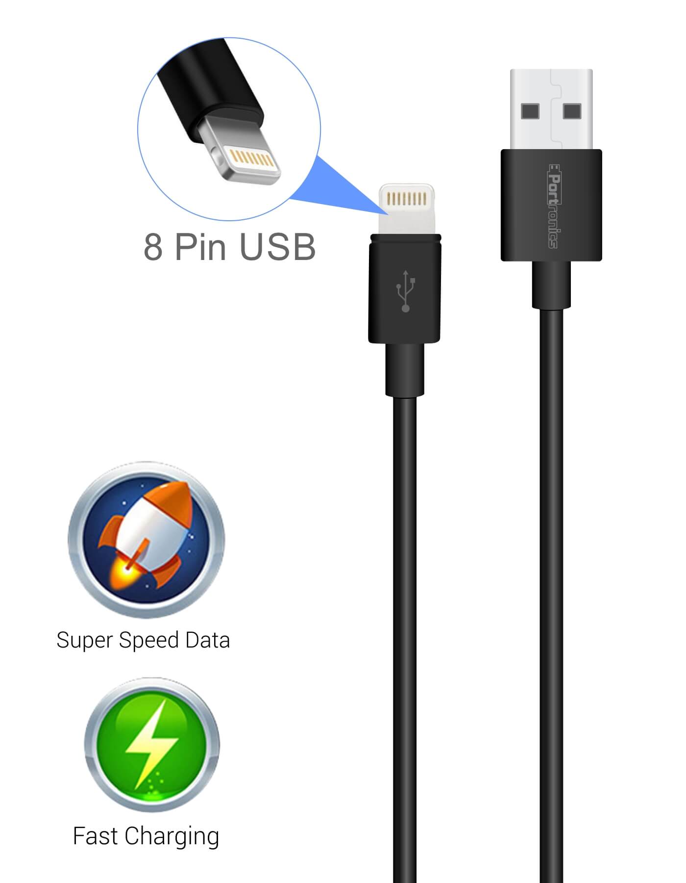 Portronics Konnect Core Plus 8-Pin USB Charging Cable fats charging and fast data transfer