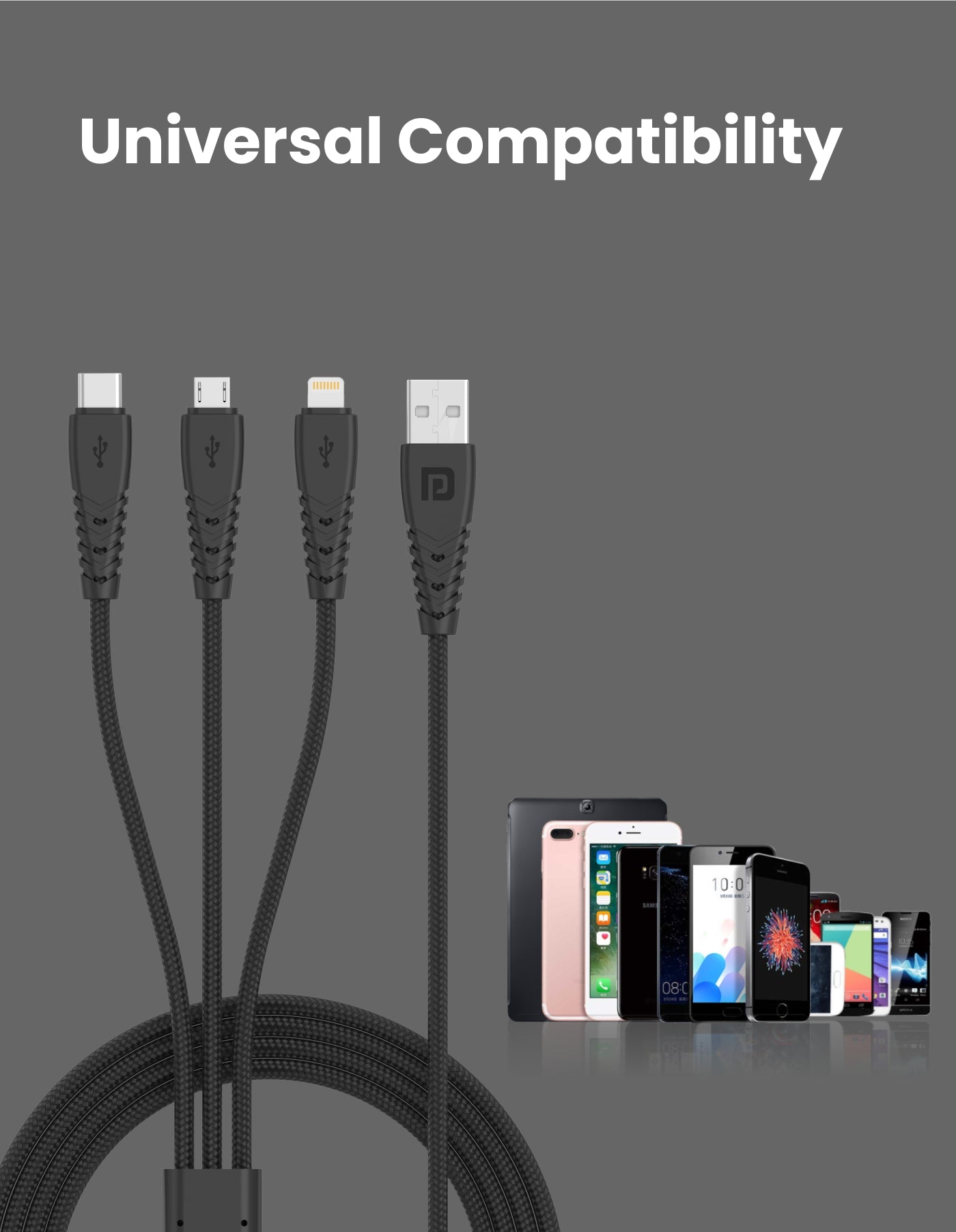 Portronics Konnect A Trio 3-in-1 micro USB, iOS, and Type C Cable easy to use cable