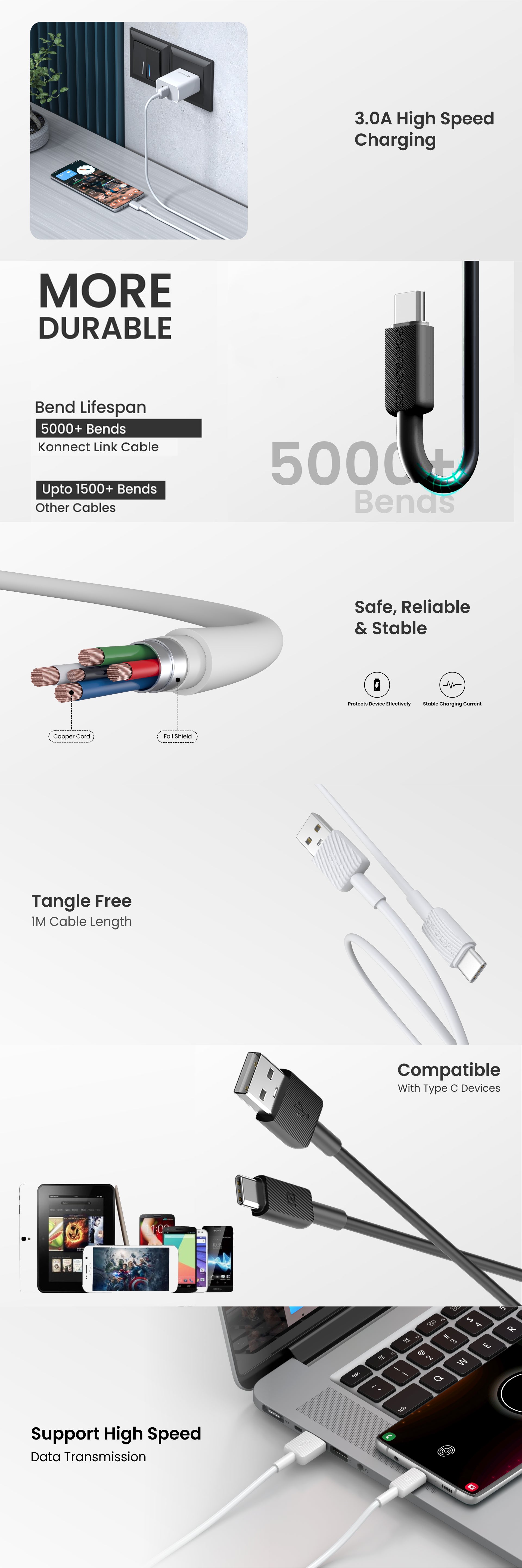 Portronics Konnect Link- 3A USB to Type C type c to type c charging cable| type c to type c cable| usb cable to type c