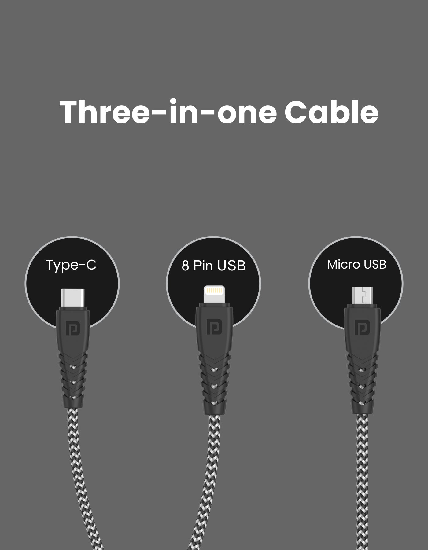 Portronics Konnect Spydr 31 3-in-one cable with micro USB, iOS, & Type C