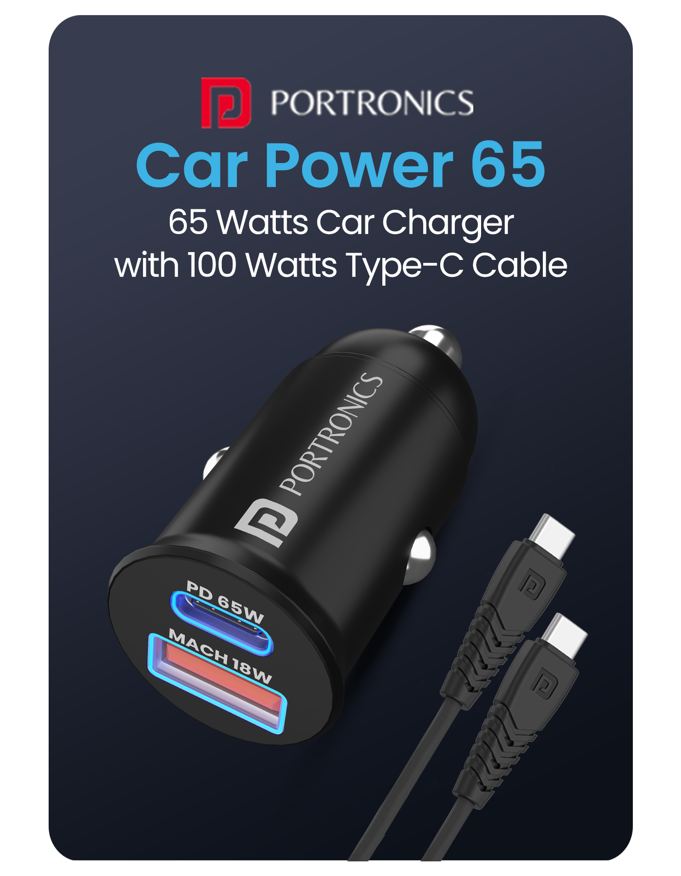 Portronics Car Power 65 best car charger best car accessories| 65w pd car charging hub with 20W fast charging