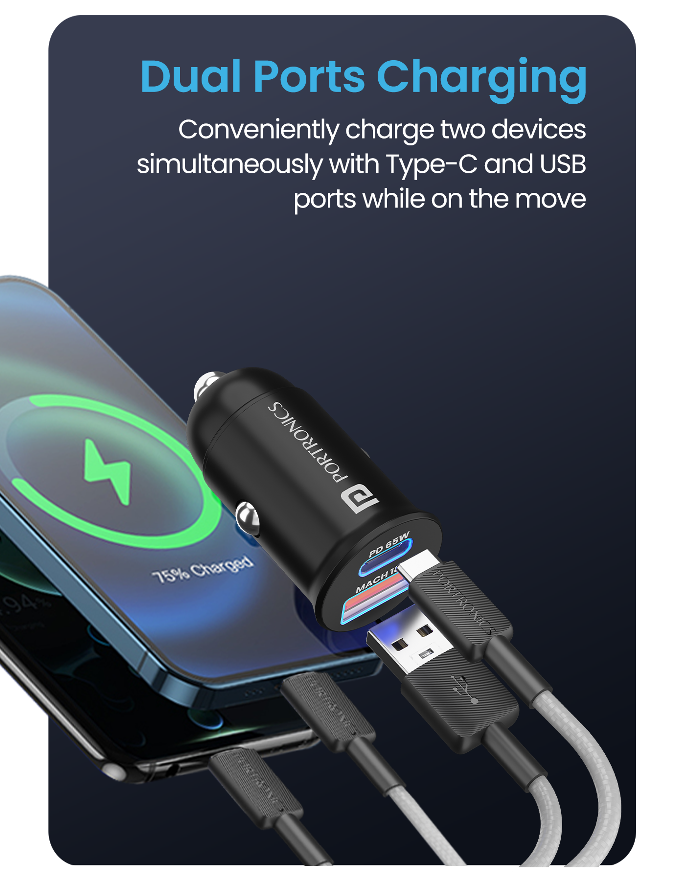 Portronics Car Power 65 car charger with dual port usb hub| best car accessories online at discount rate