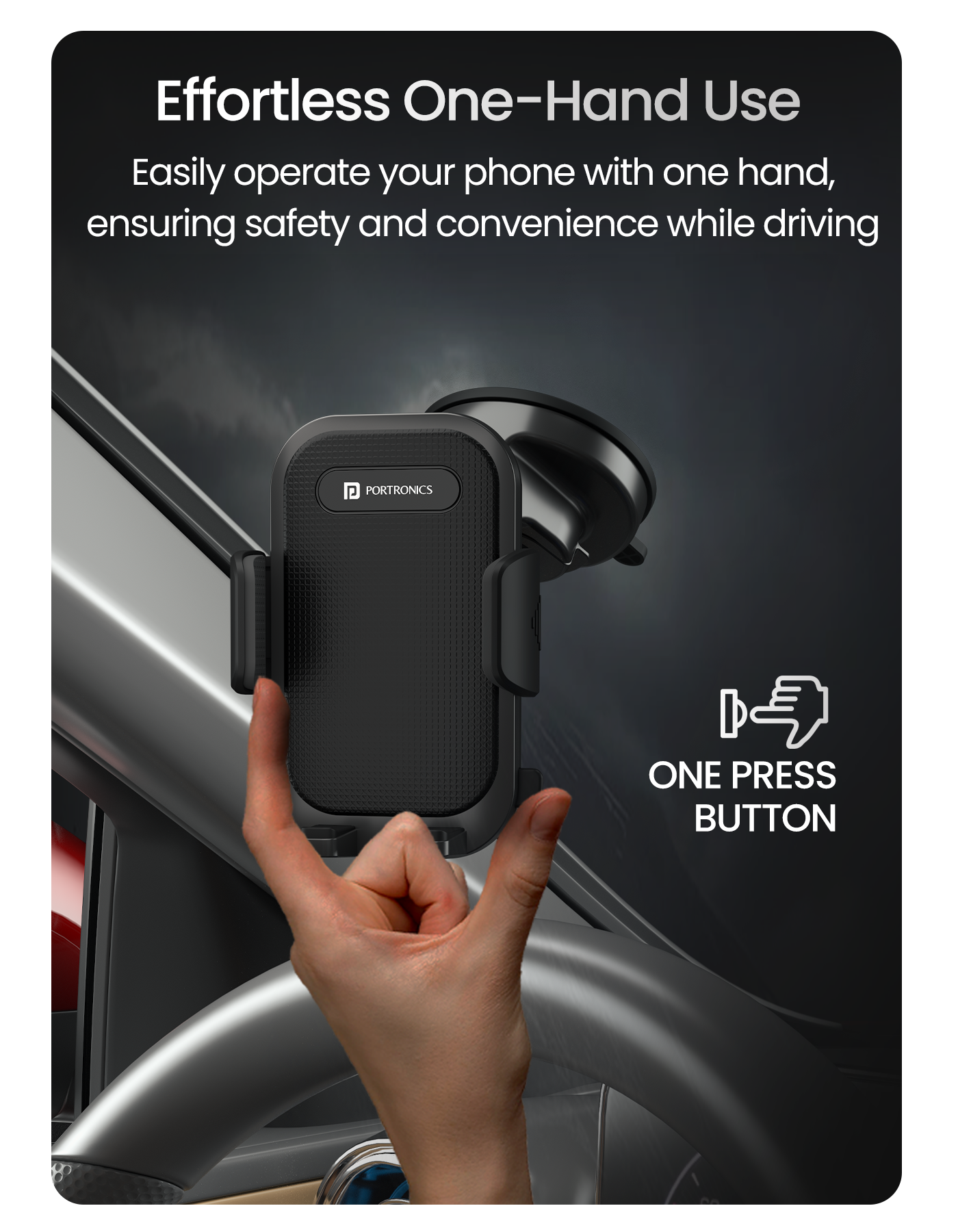 Portronics Clamp M4 phone Holder for car comes with one touch button release