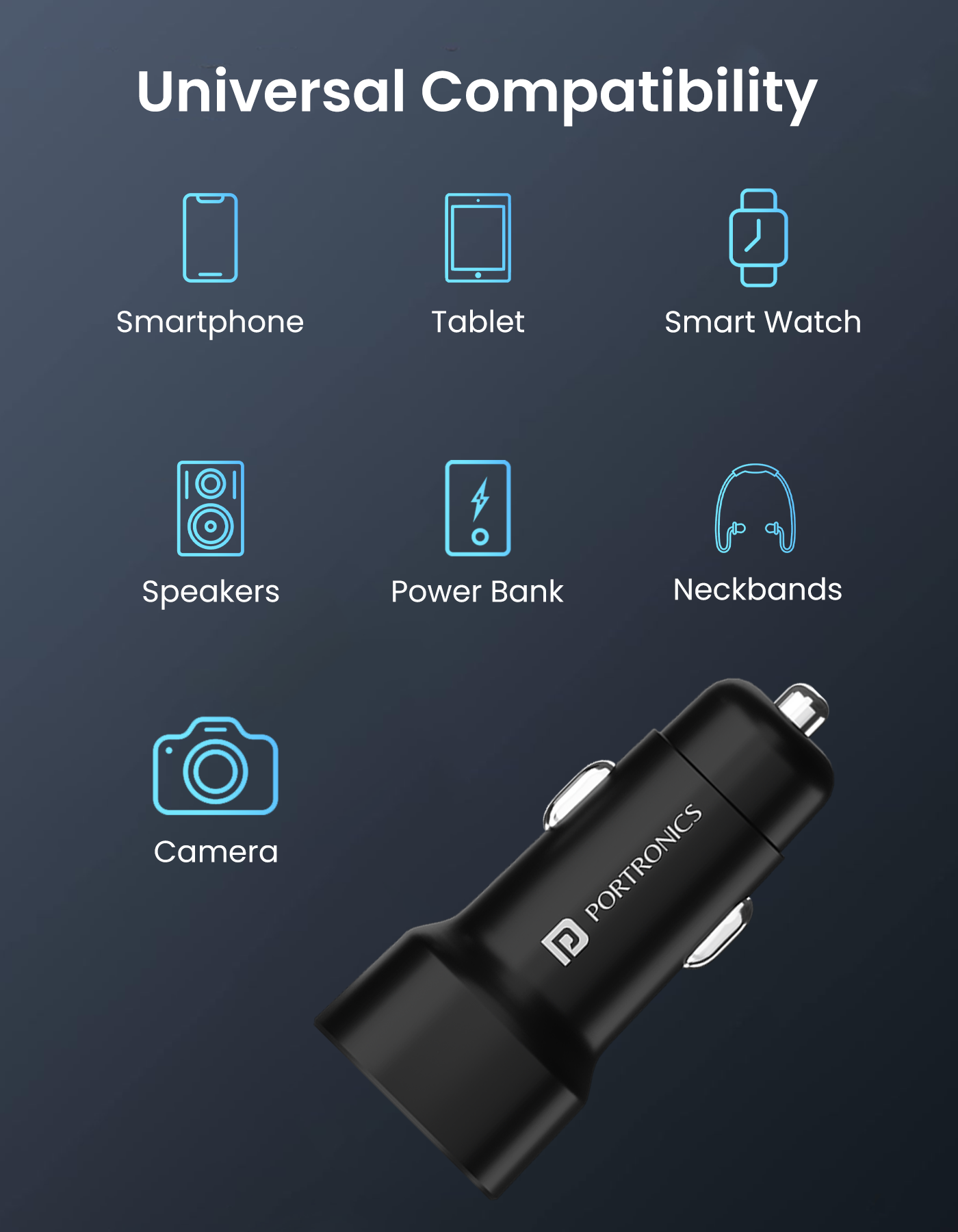 Portronics Car Power 18 car charger with 3 USB portsDesigned with an inbuilt smart protection chip to prevent issues