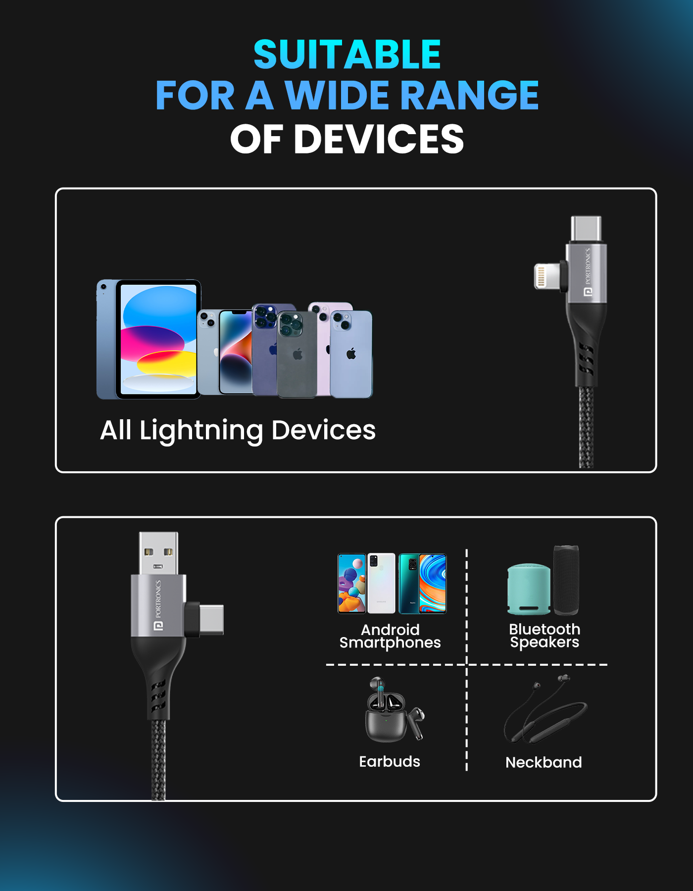 Portronics Konnect 4 in 1 cable with micro USB, iOS, & Type C universal compatible