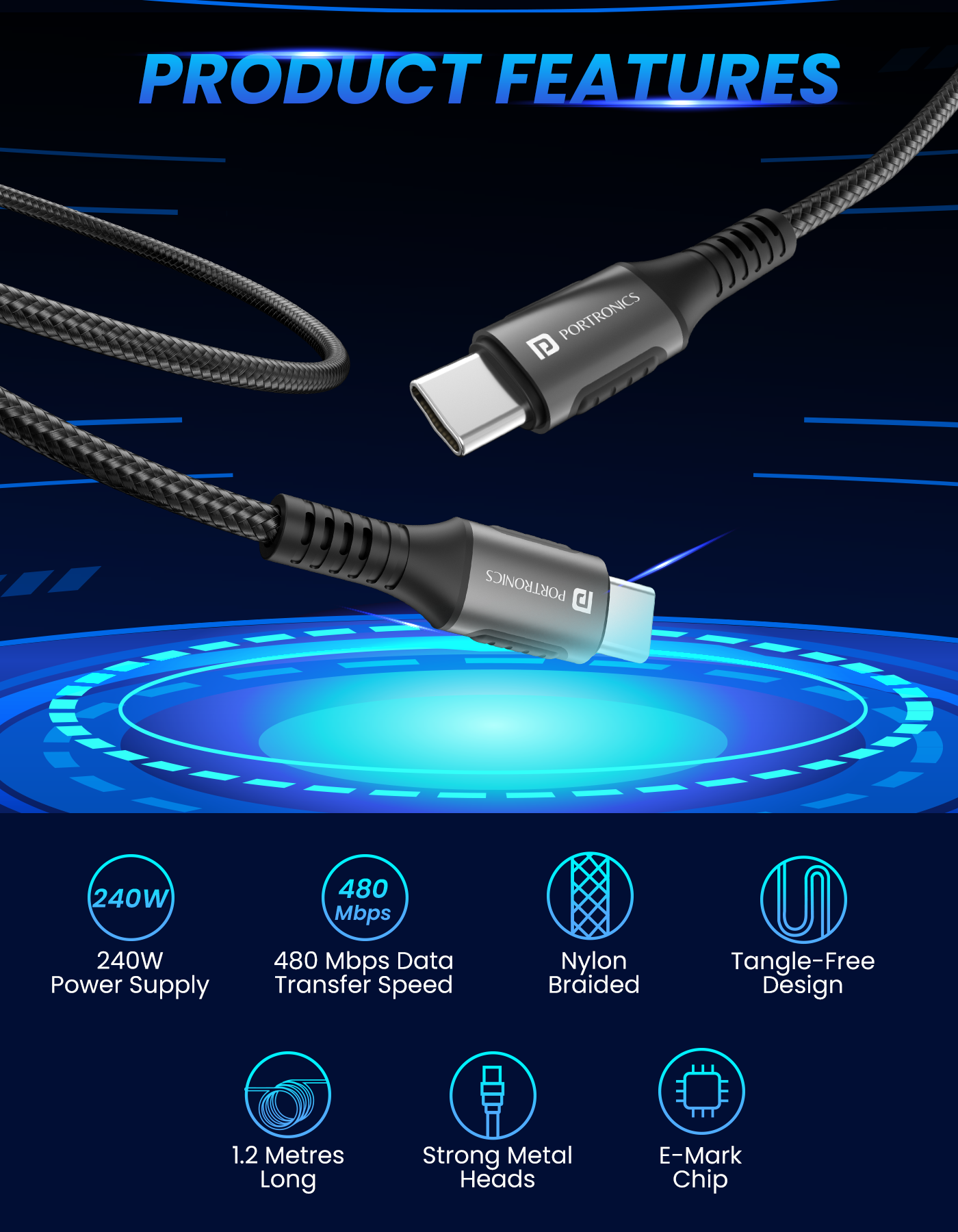 Portronics Konnect 240C with micro USB, 8 Pin and Type C cable