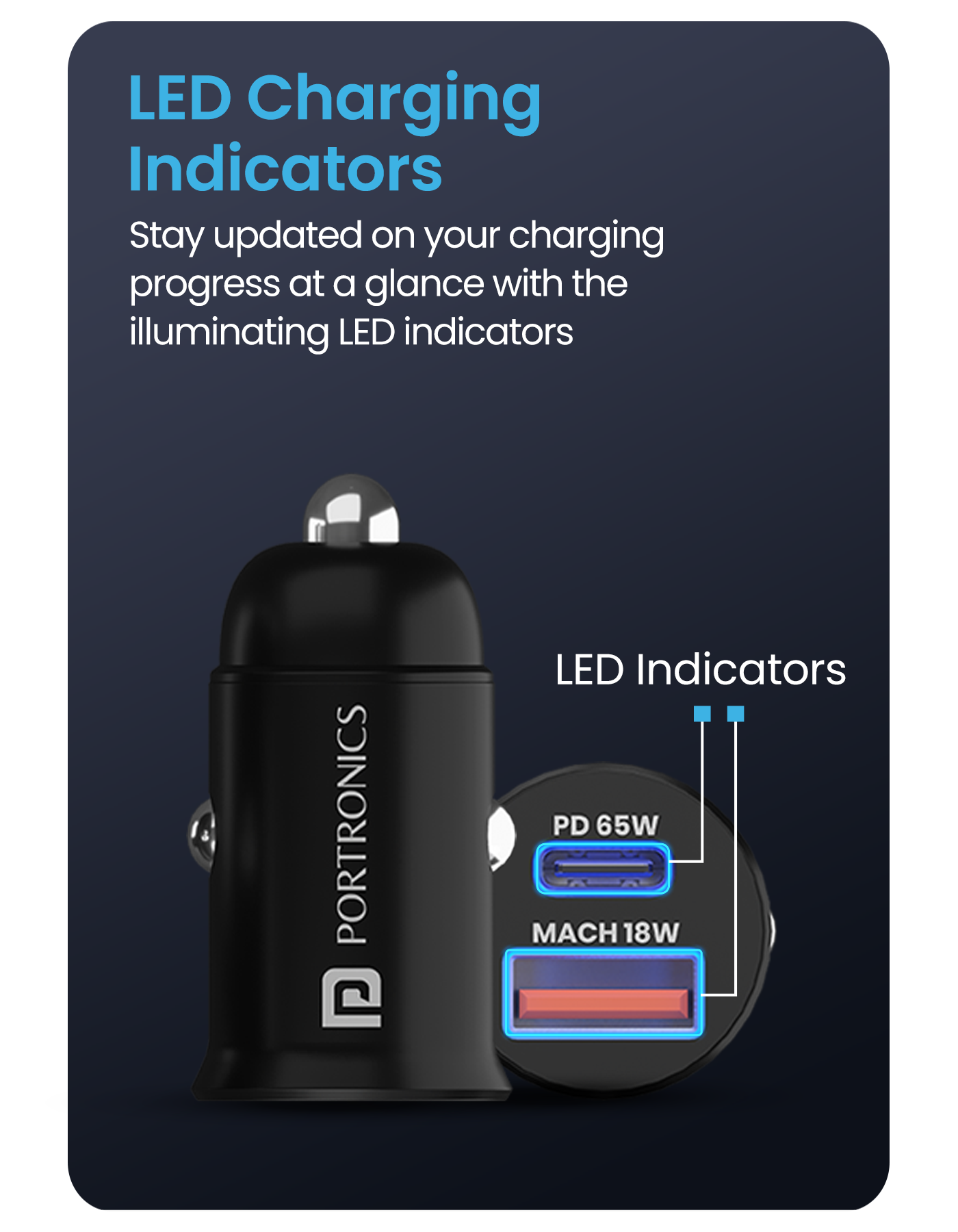 Portronics Car Power 65 car charger has led charging indicator to ensure safe charging | best car accessories| car charger online