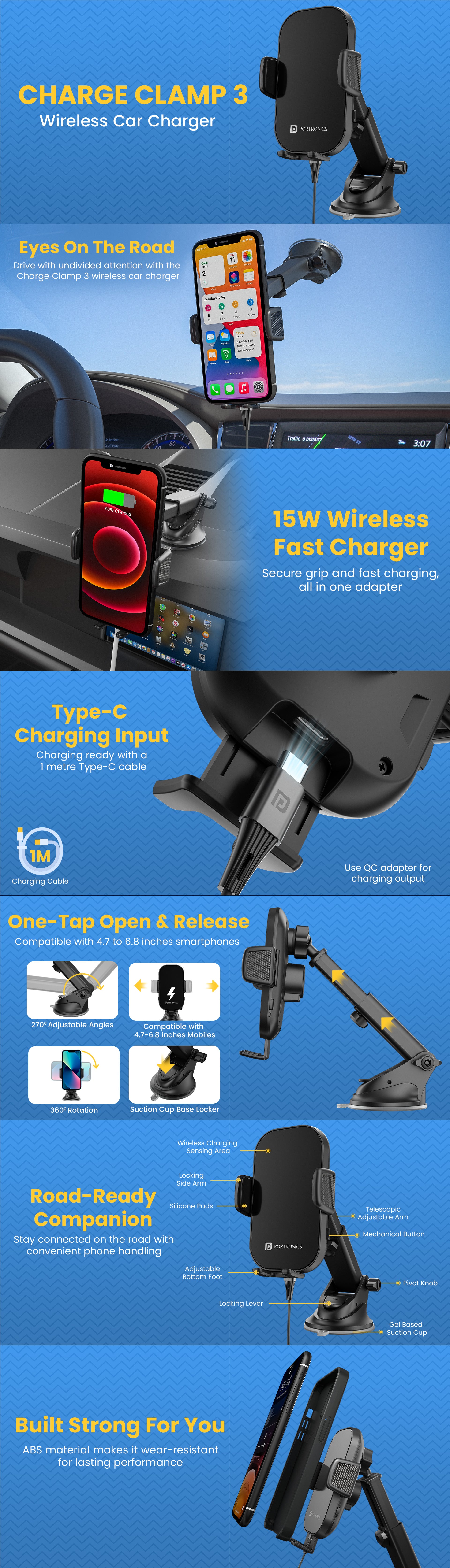 Portronics Clamp 3 car Mobile Holder with a 360-degree rotational