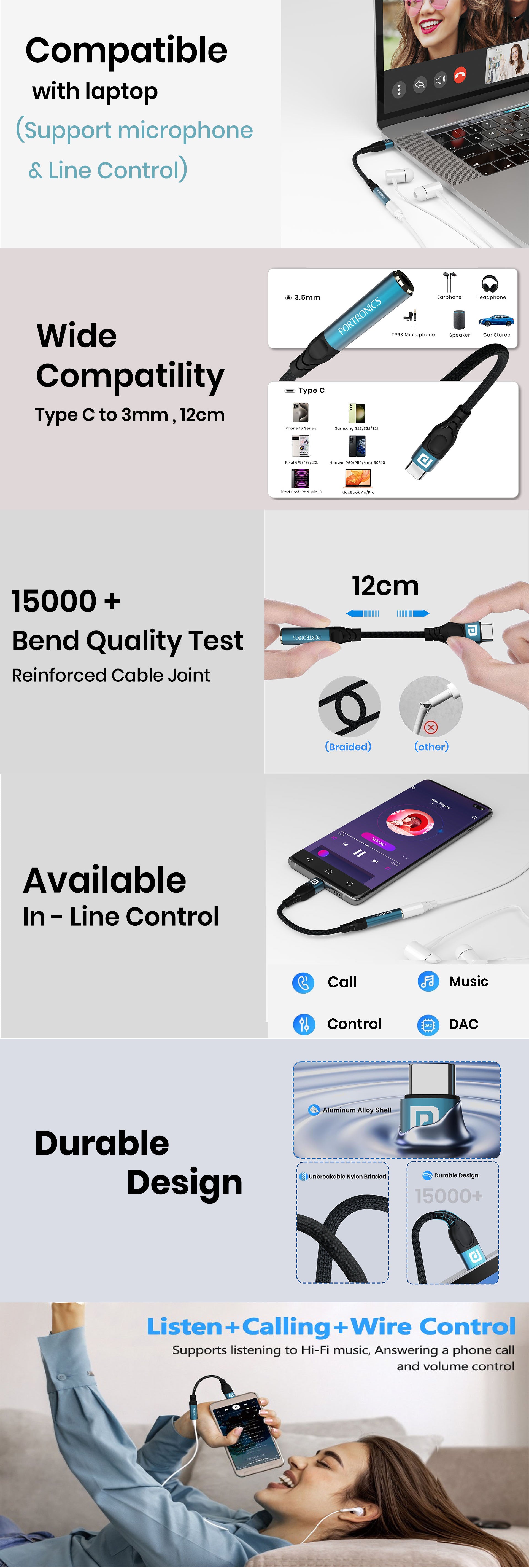 Portronics iKonnect One 2-in-1 8Pin to AUX & 8Pin Connector 12cm cable length