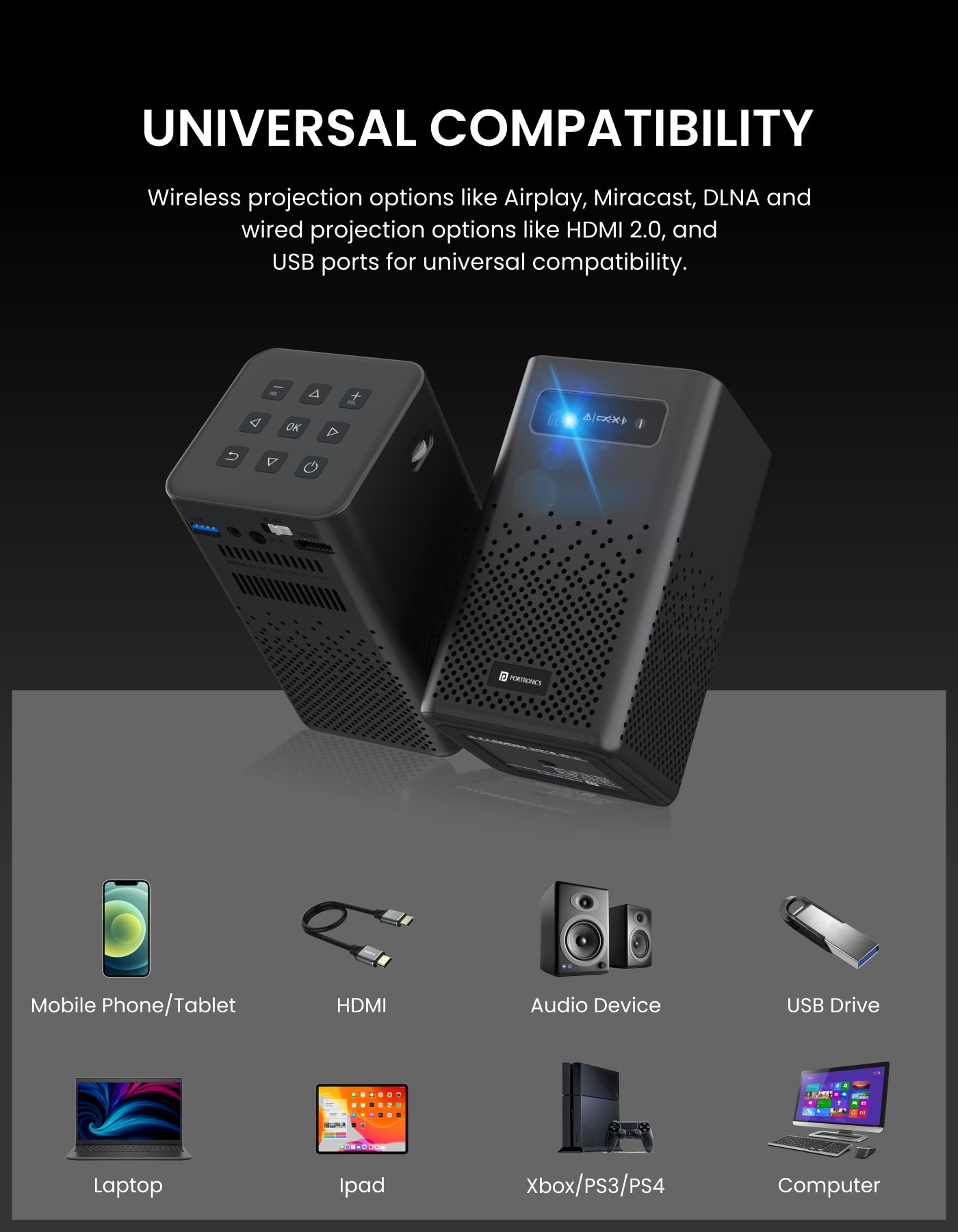 Portronics Pico 11 portable/smart/ bluetooth projector has universal compatibility