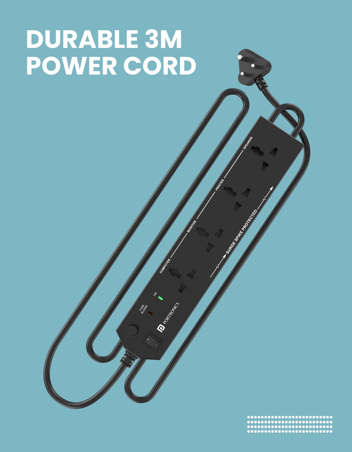 Durable 3M power cord in portronics power plate 10