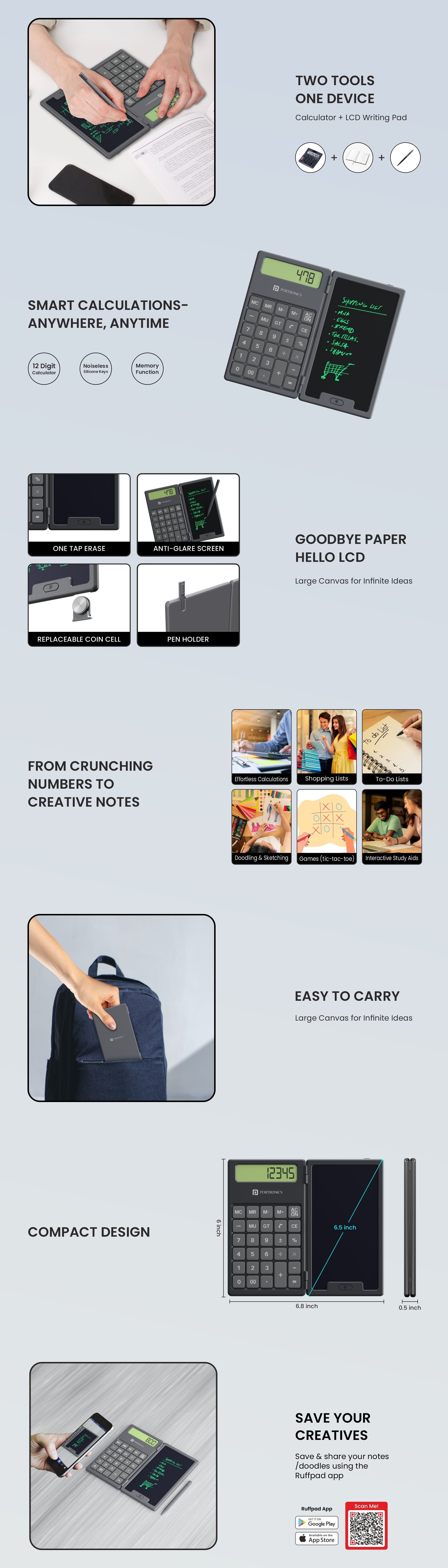 Portronics Ruffpad Calc Digital Writing Pad with Transparent screen to make tracing easier than ever