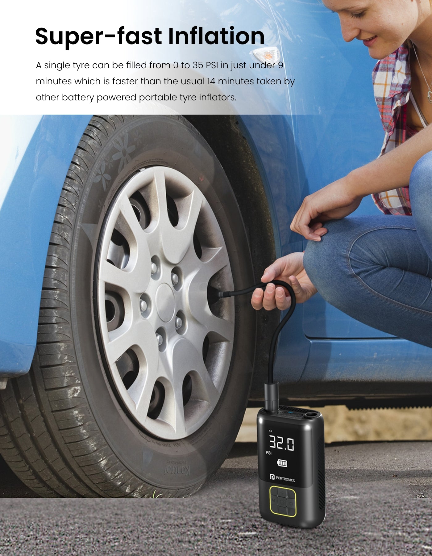 Portronics VAYU Portable Tyre Inflator for car fast charging