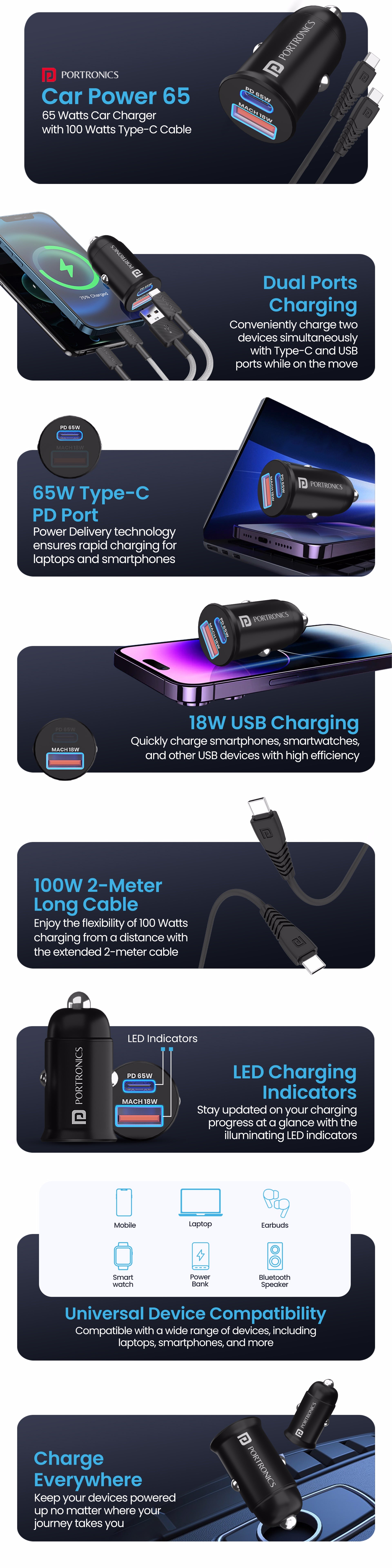 Portronics Car Power 65 best car charger | car phone charger With Compact Body Design