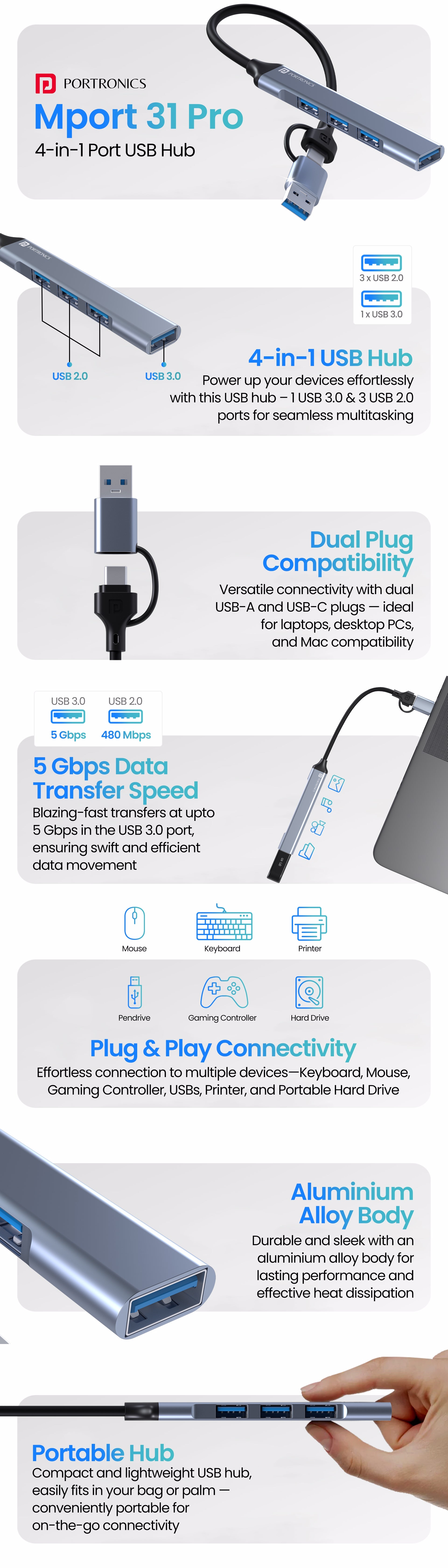 Laptop, Printer and phone are connected with Portronics Mport 31 Pro USB HUB