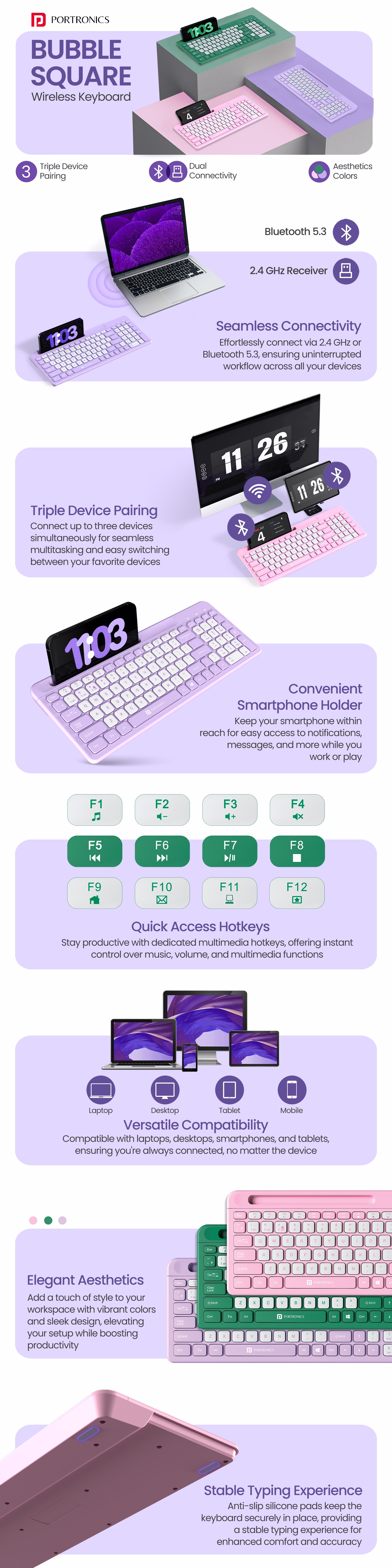 Portronics Bubble Square Wireless keyboard for laptop with 2 ways connection