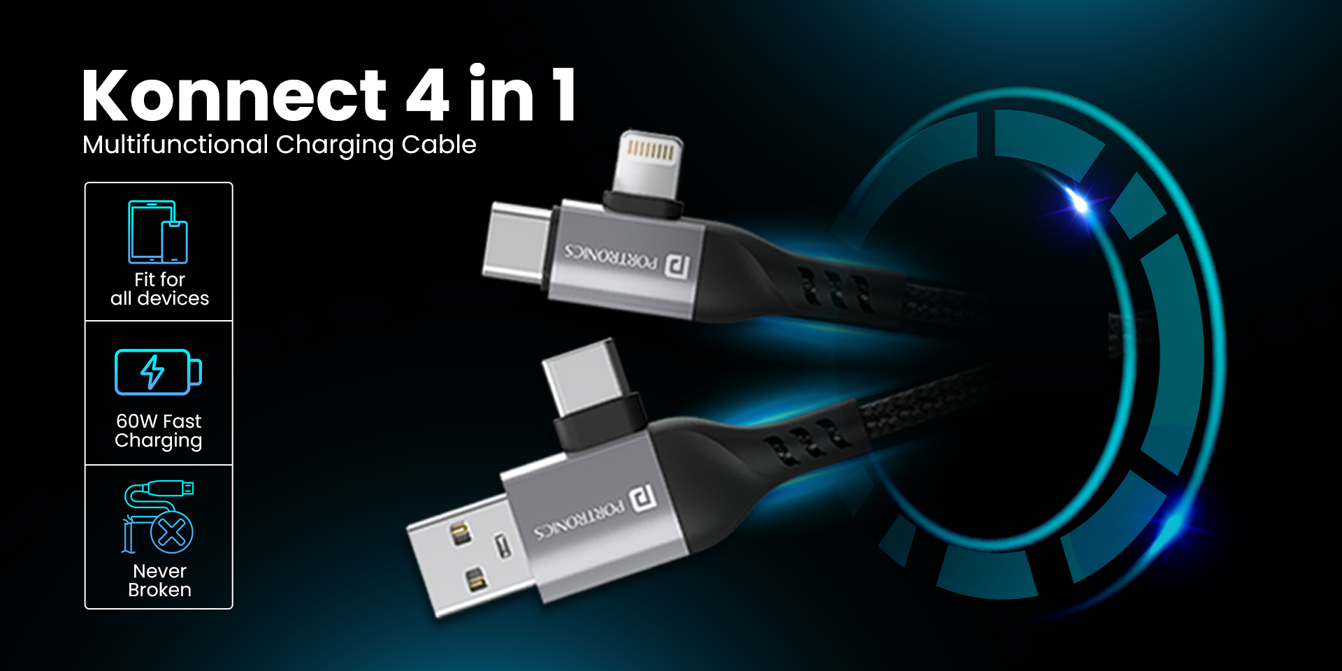 Portronics Konnect 4 in 1 cable with micro USB, iOS, & Type C fast charging cable