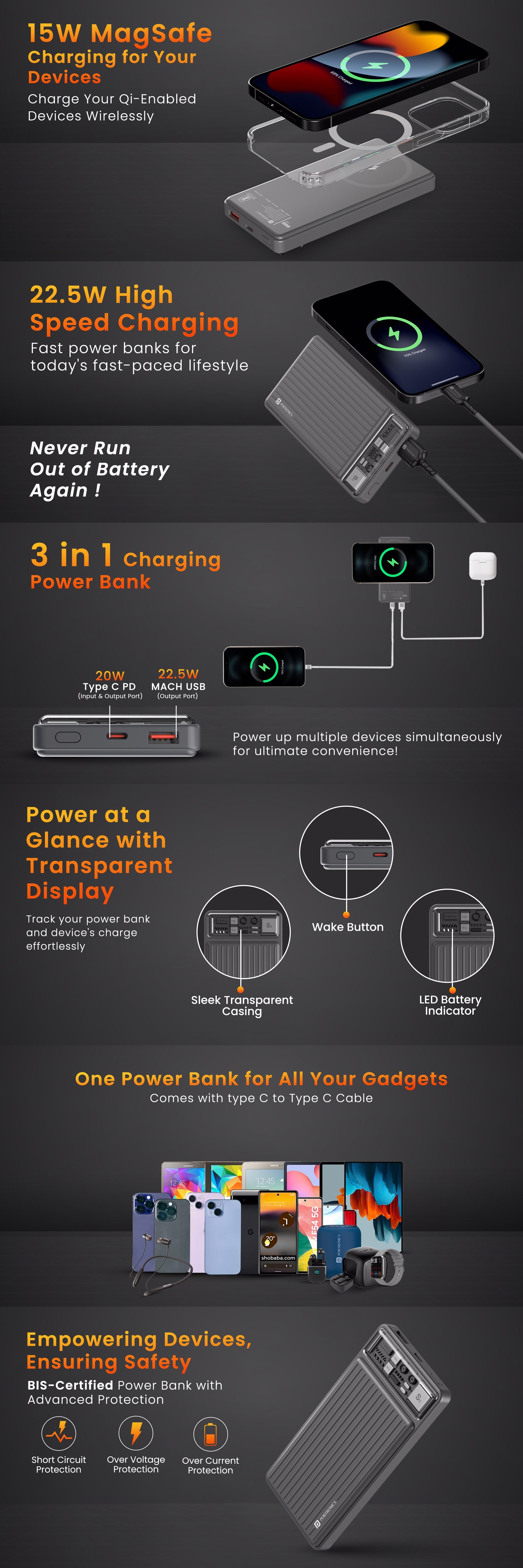 Portronics Luxcell wireless 10K 10000mah Power bank with 2 output Mach USB A and Type C pd port