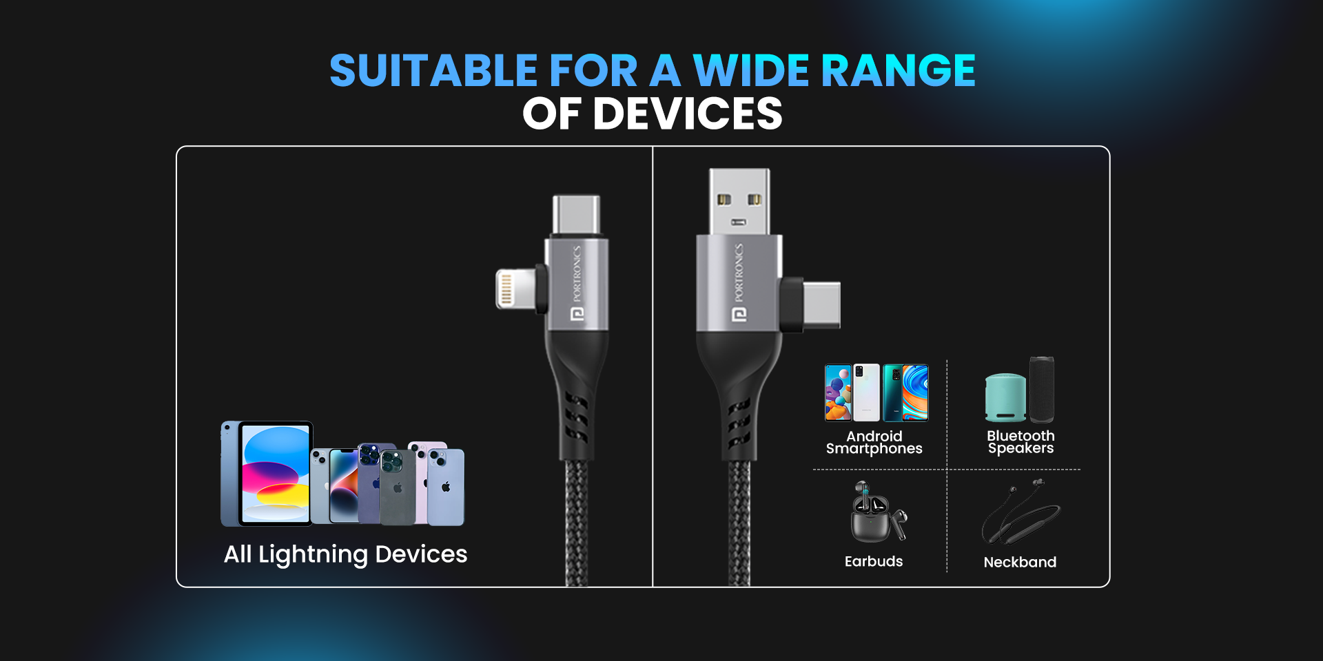 Portronics Konnect 4 in 1 cable with micro USB, iOS, & Type C high speed charging for all your device needs