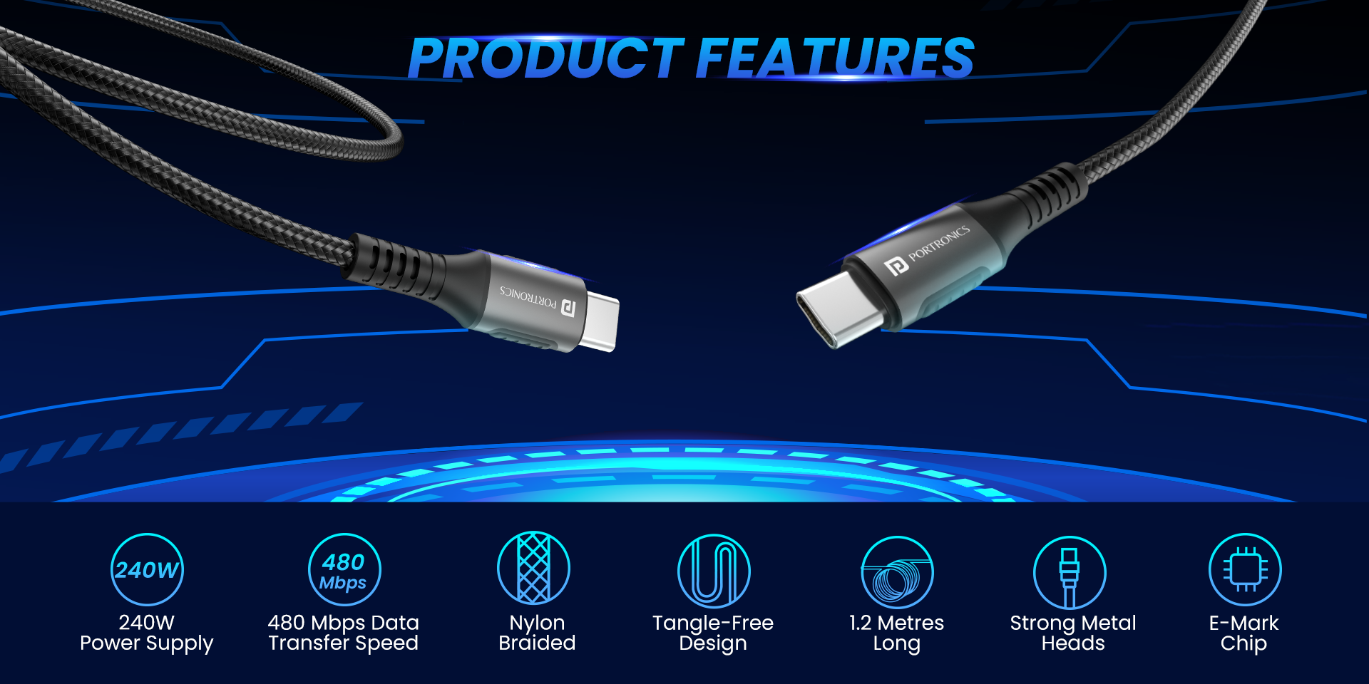 Portronics Konnect 240C type c charging cable for Nylon cable, 1.2m wire, 240w output