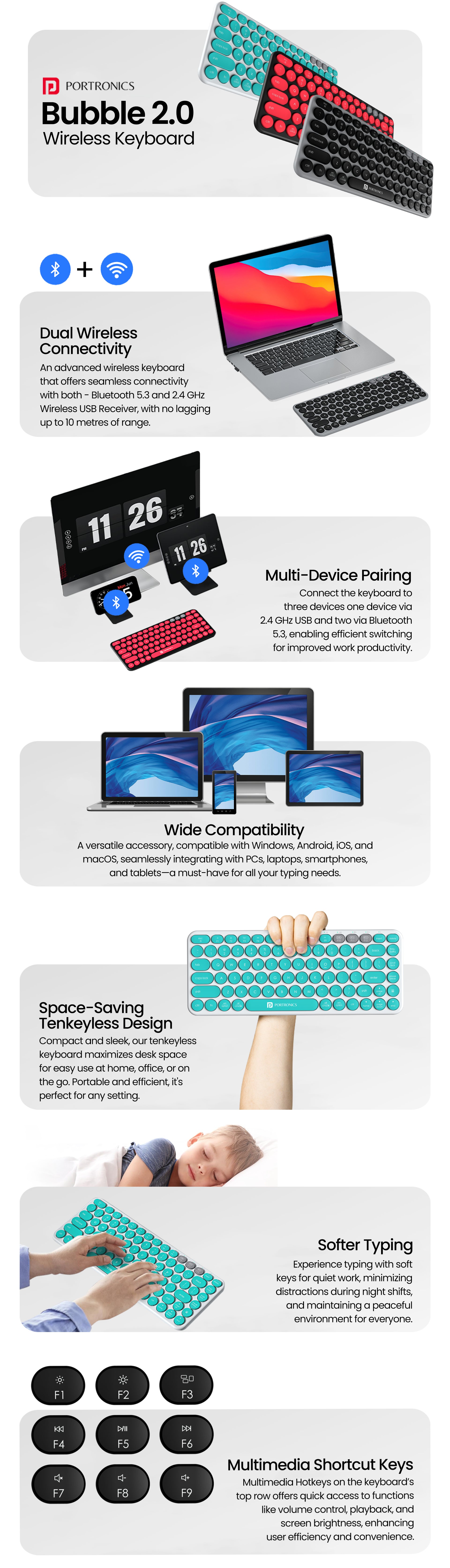 Portronics Bubble 2.0 Wireless keyboard for laptop with 2 ways connection