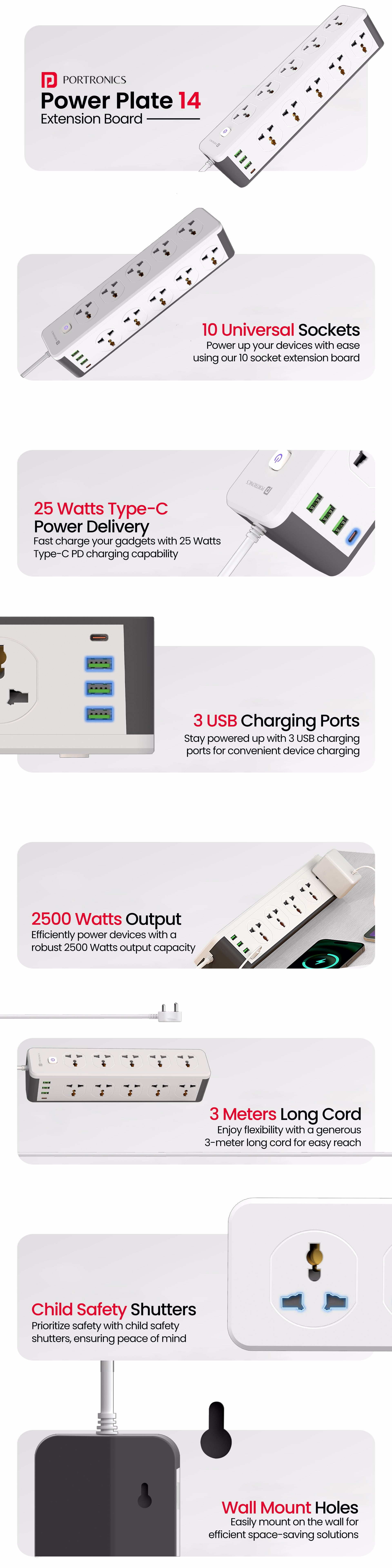 Portronics Power Plate 14 Power extension board All-in-one power solution with 2500W power delivery