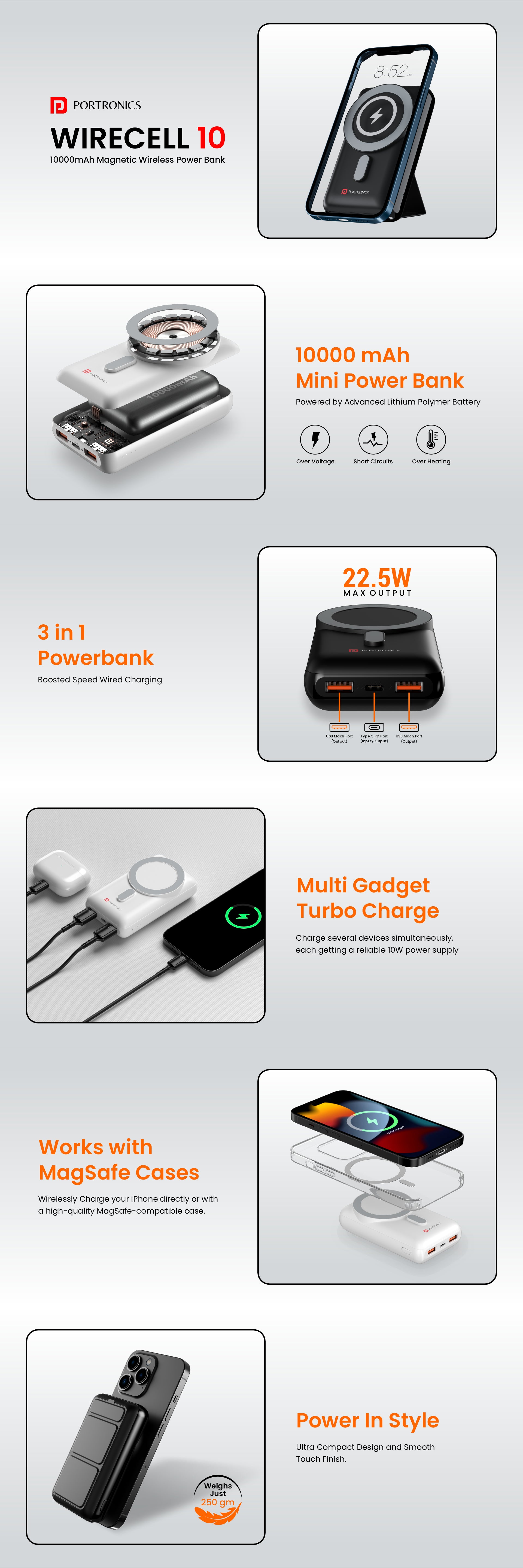 Portronics wirecell 10000mah wireless Power bank with 2 input Micro USB and Type C