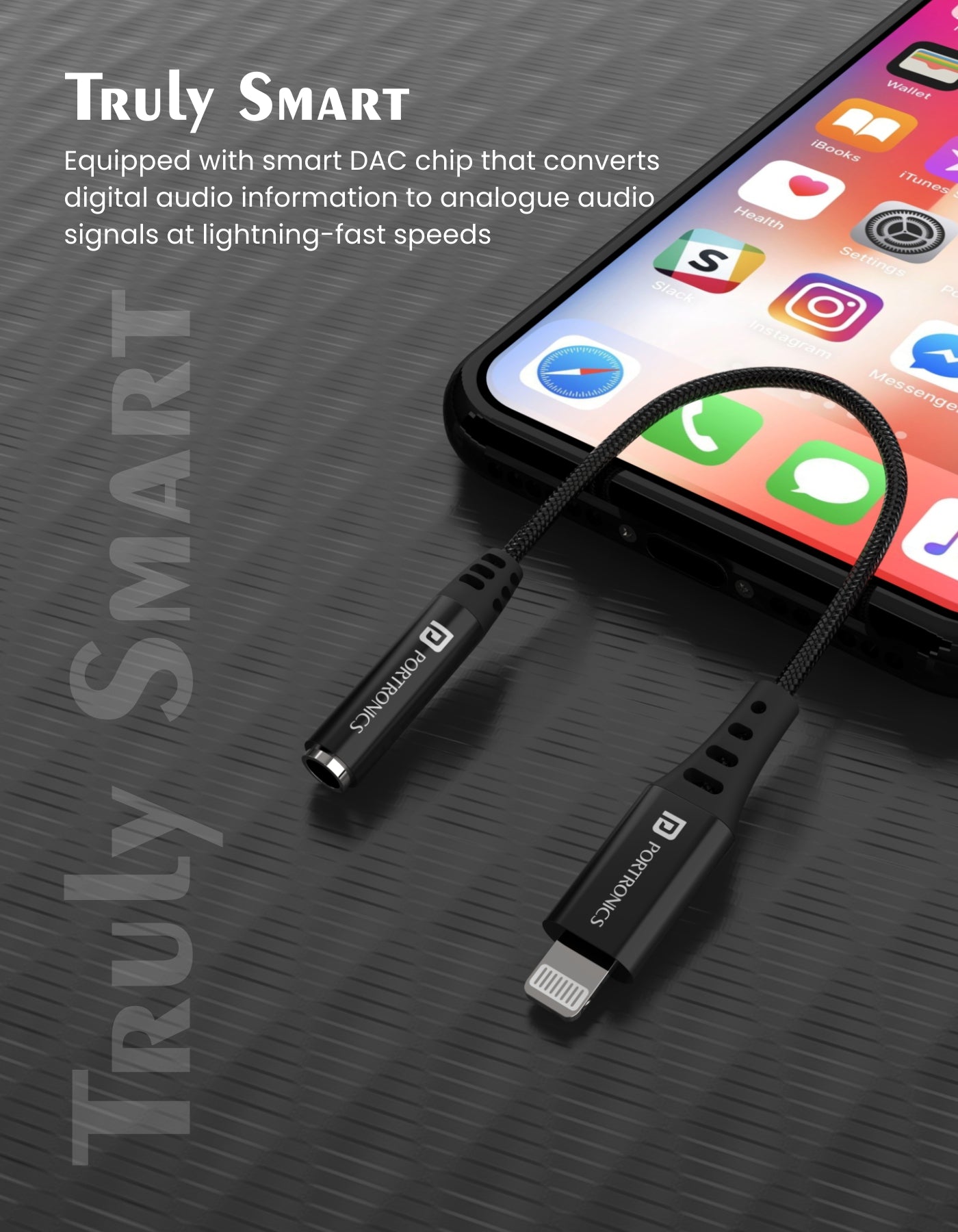 Portronics ikonnect 3, 8 pin to 3.5 mm AUX Connector Smart DAC Chip for swift audio transfer with ikonnect 3 car charger