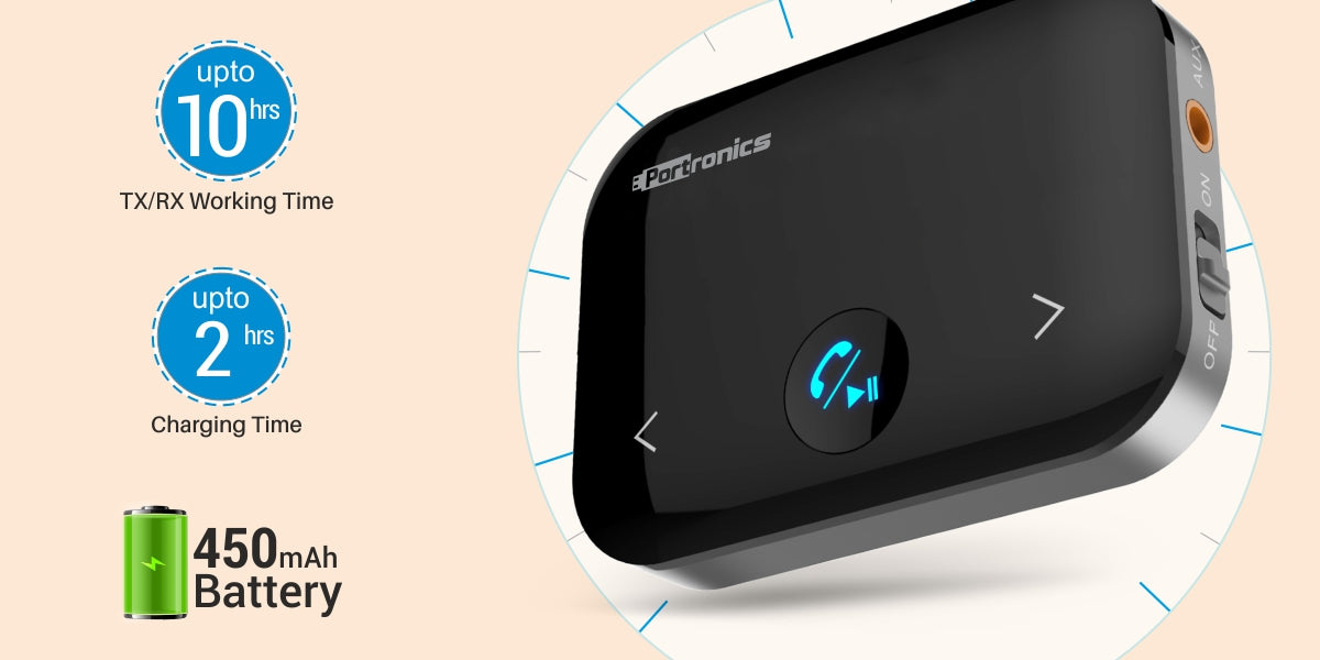 Portronics Auto 14 Wireless Bluetooth Audio Adapter with 10hour play back time