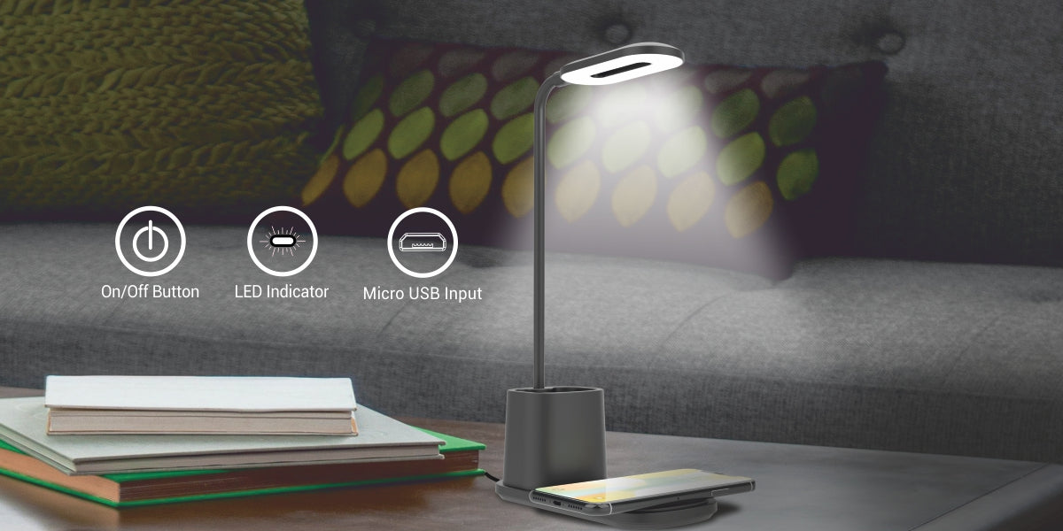 Portronics Brillo II 3 in 1 Wireless Charger & Lamp | Pen holder with turn off buttons, LED indicator, USB hub