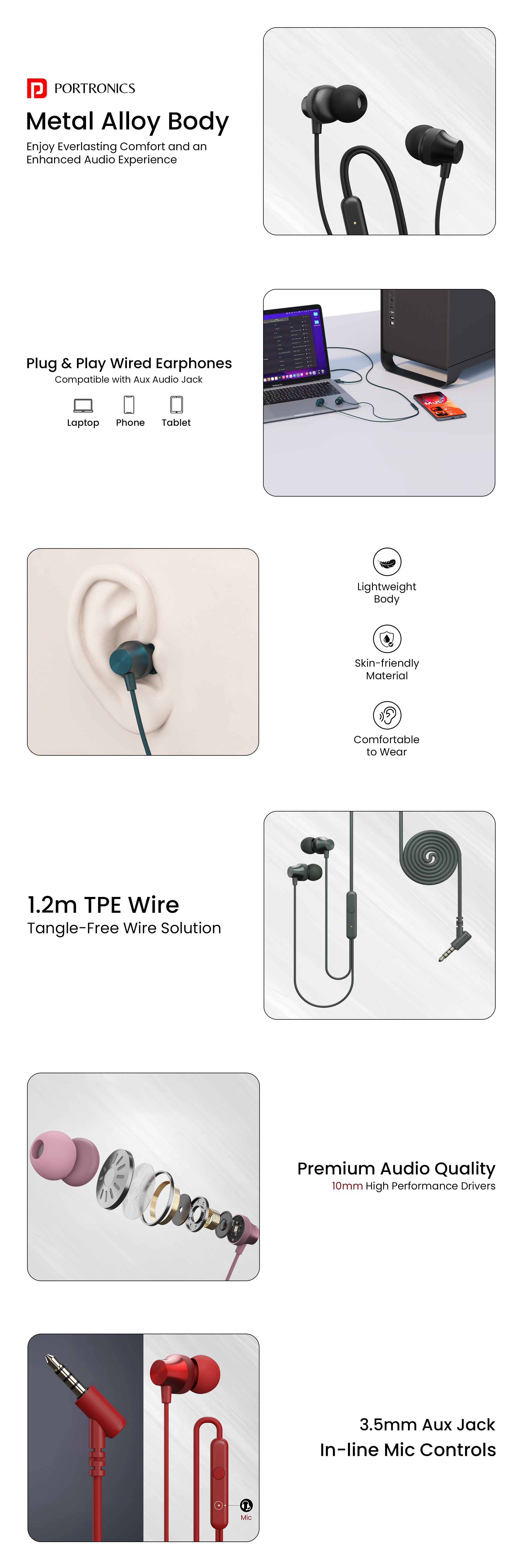 Portronics Conch Beat A in-ear wired earphones with metal alloy earbuds