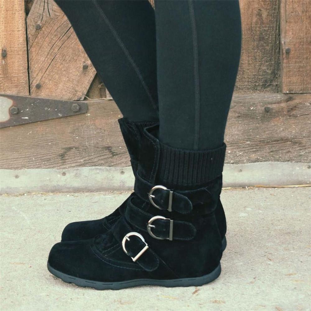 cushioned low calf buckle boots