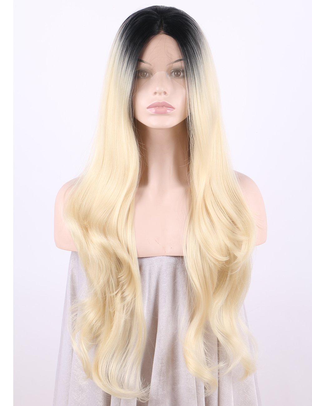 Wigs Tangyawigs Ombre Long Wavy Platinum Blonde Dark Root Lace