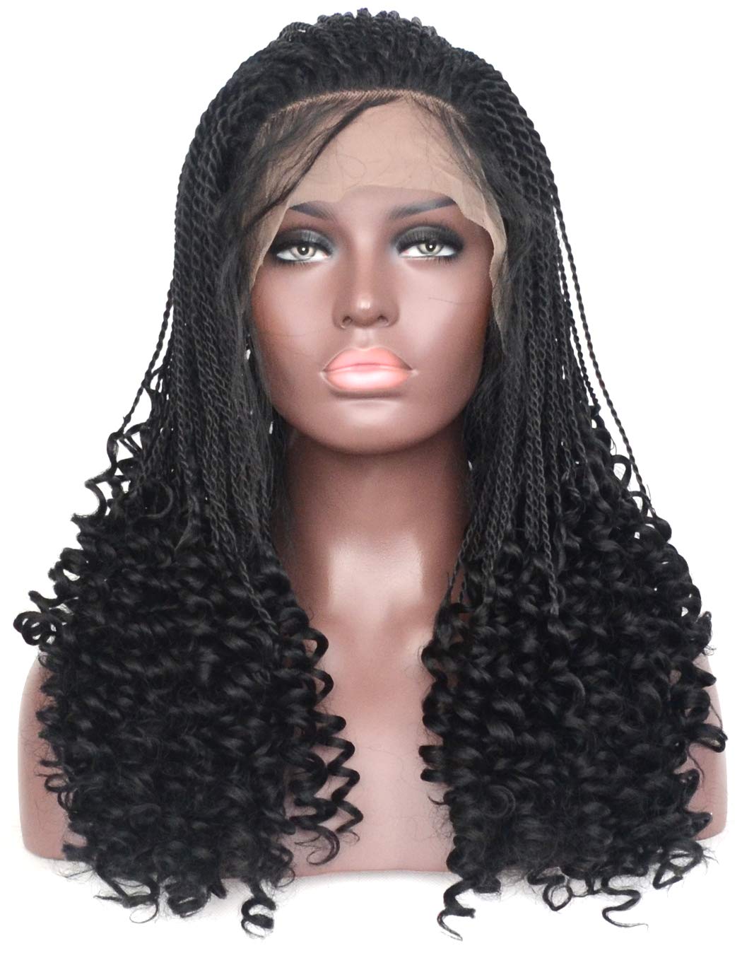 Wigs Bluple Micro Twist Braids With Curly End Lace Front Wig 1b