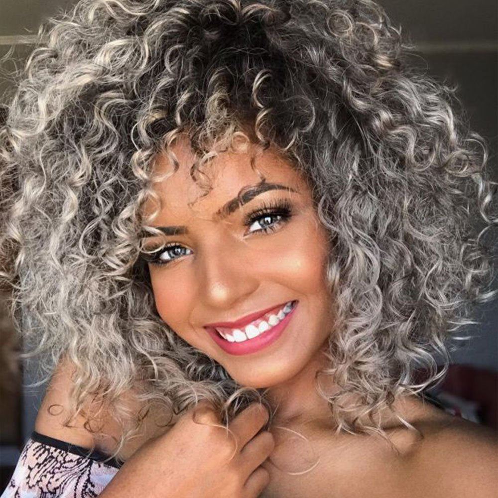 Afro Curly Hair Black Gray Wigs With Bangs Mixed Color Shoulder Length Hair Short Synthetic Kinky