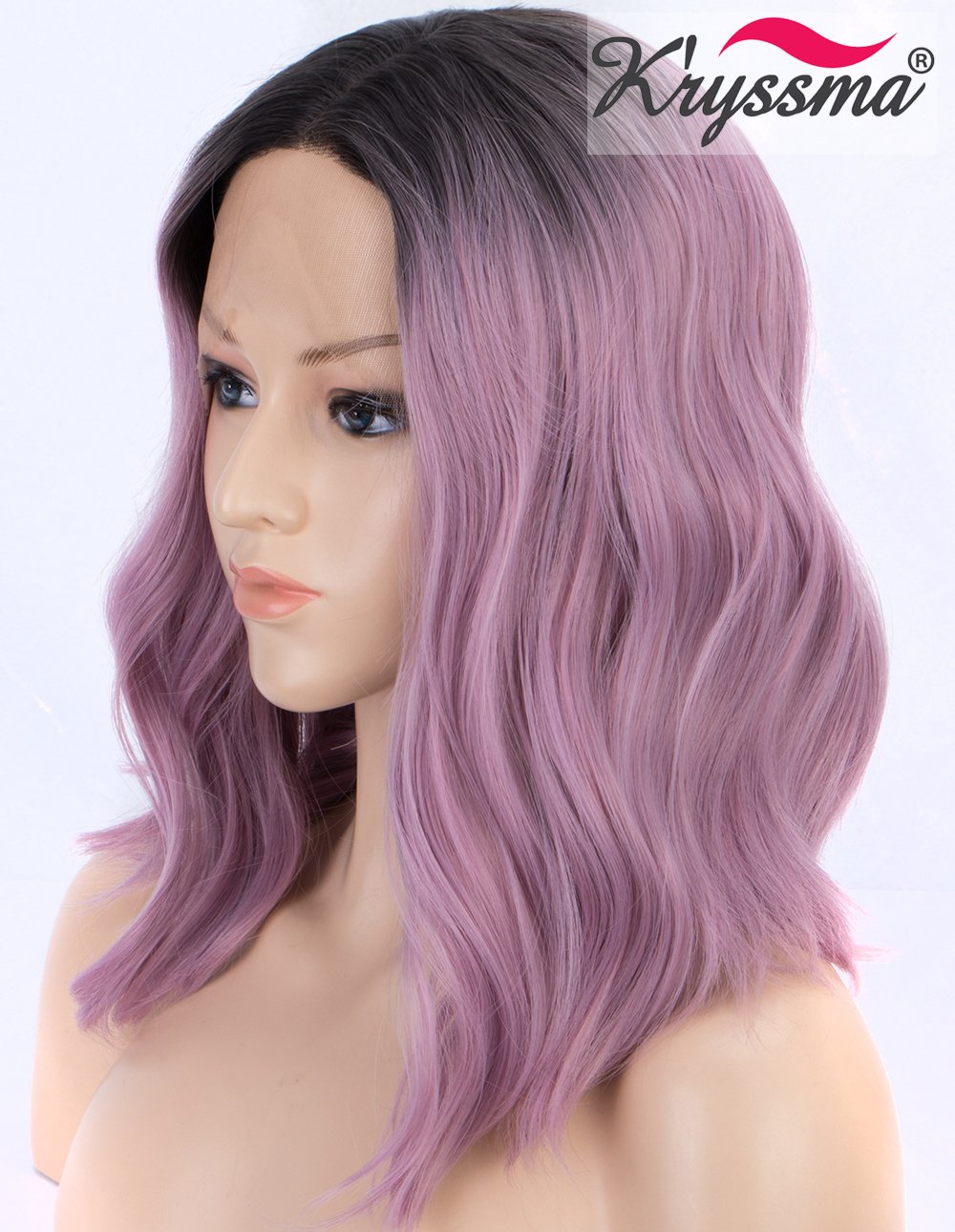 Kryssma Short Bob Lace Front Wig Ombre Purple Synthetic Wig For Women Dark Roots To Ash Purple