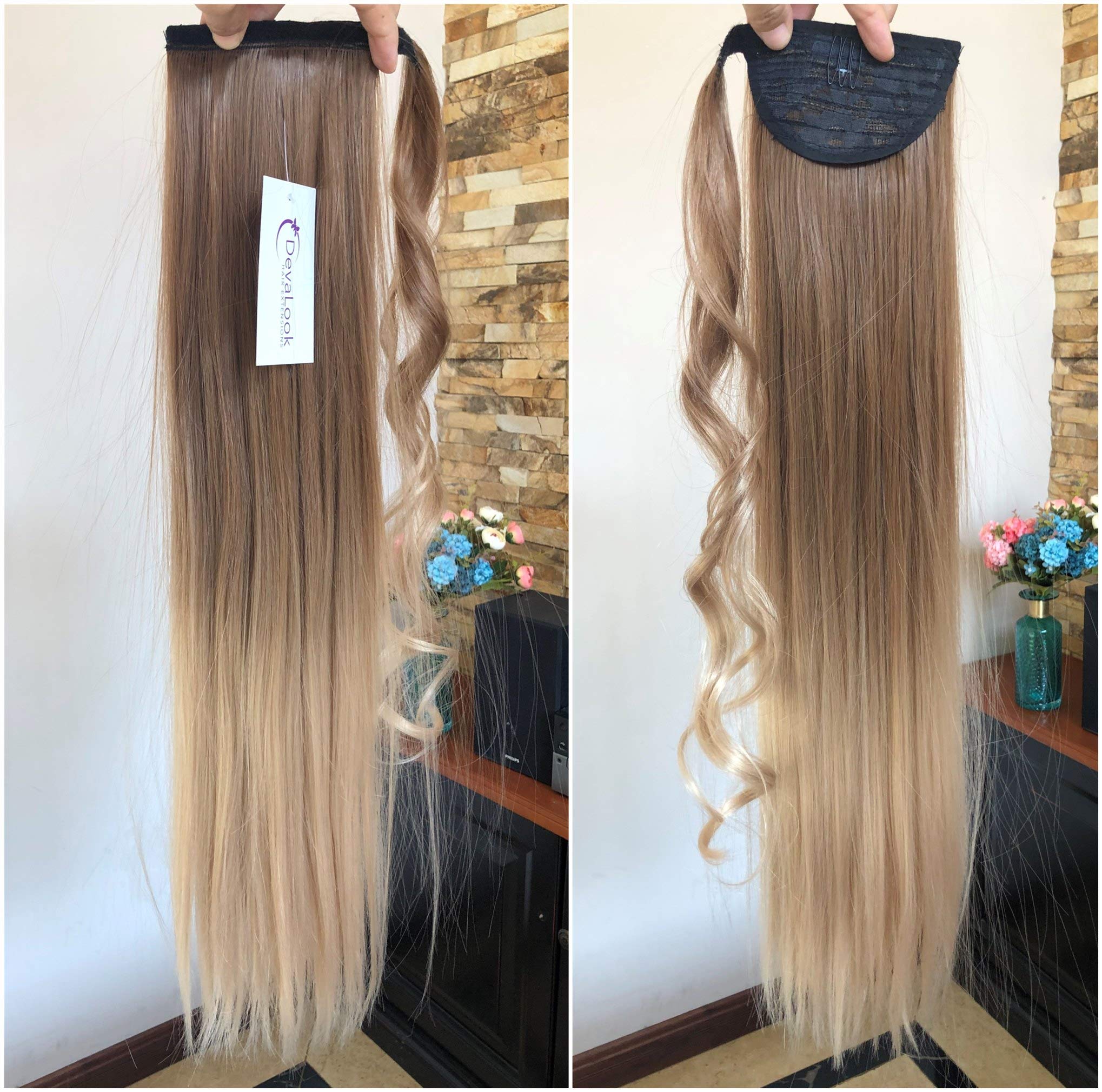 22inches Ombre Dip Dyed Long Straight Wavy Curly Wrap Around Ponytail Straight Light Brown To Sa