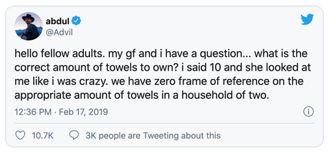 Tweet from @advil about towels
