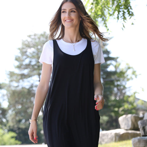 black dress with white shirt under