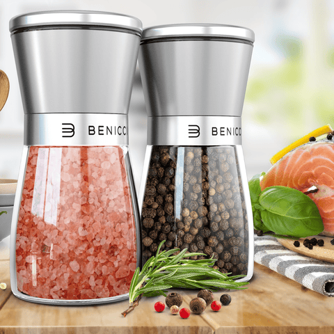 Benicci Premium Salt and Pepper Grinder Set of 2 - Two Refillable, Stainless Steel Sea & Spice Shakers with Adjustable Coarse Mills Easy Clean Ceramic