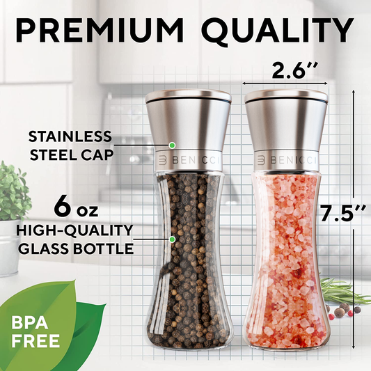 HOME EC Original Stainless Steel Salt and Pepper Grinder Set - Adjustable  Ceramic Sea Salt Grinder & Pepper Grinder - Tall Glass Salt and Pepper  Shakers - Pepper Mill & Salt Mill (