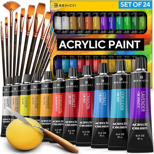 Makersource Basic 24-Color Acrylic Paint Set Acrylic Paint Set With 12  Brushes, 24 Colors (59ml, 2oz) Art Craft Paints Gifts for Artists Kids  Beginners & Painters, Easter Basket Stuffers Pumpkin Canvas Ceramic