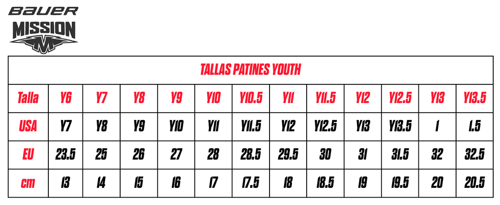 TALLAS YOUTH BAUER MISSION PATINES