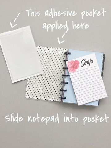 personalized notepad in clear adhesive pocket applied to planner inside cover