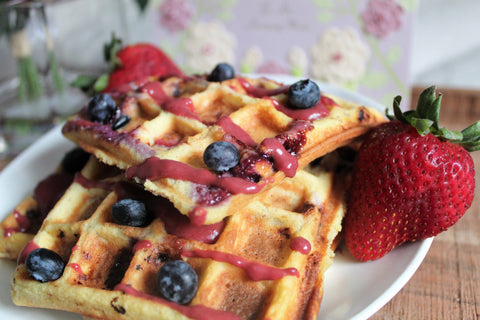 Mother's Day Special Low Carb Triple Berry Waffles Recipe with keto friendly Gooddees pancake mix and low carb Spresh fruit spread on SwitchGrocery Canada