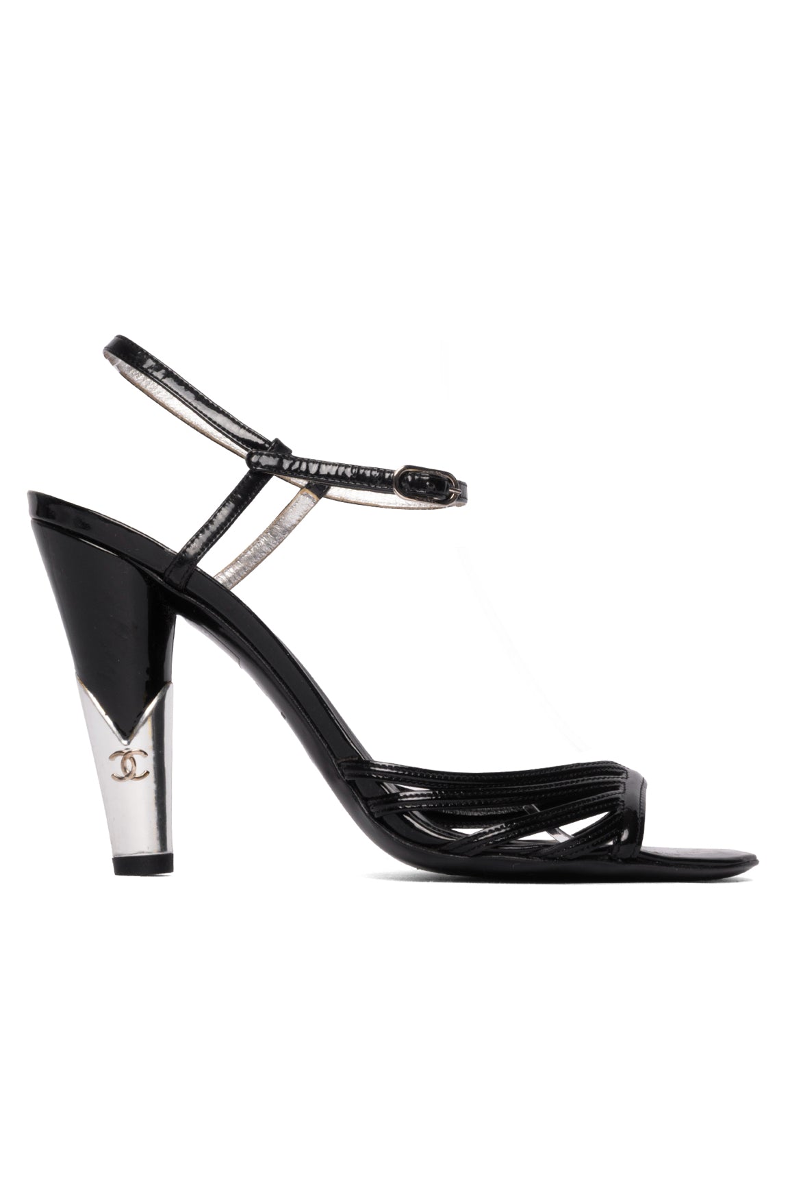 image of Chanel Size 36.5 Strappy Patent Leather CC Metal Heel Sandals