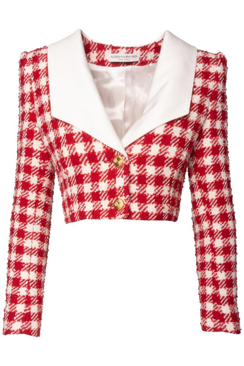 image of Alessandra Rich Size 38 Wool-blend Vichy Tweed Cropped Jacket