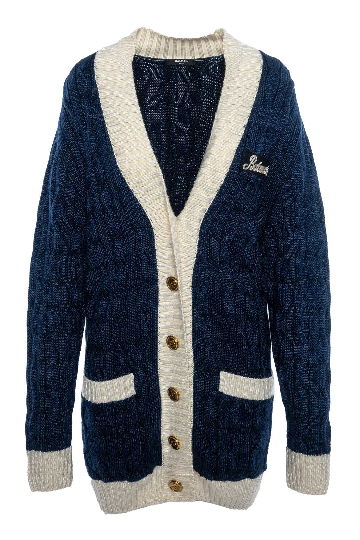 image of Balmain Size 40 Logo Patch Cableknit Cardigan