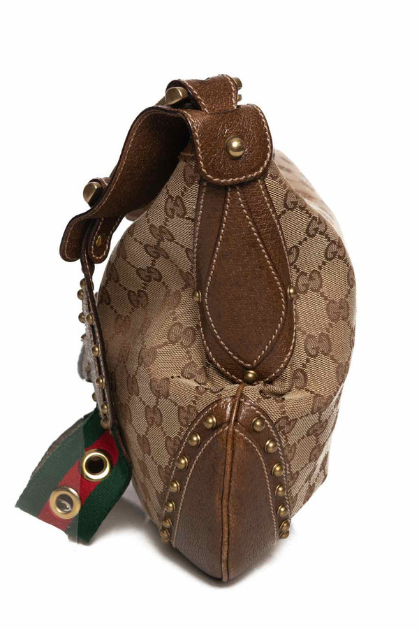 Gucci Guccissima Biba Brown Embossed GG Leather Studded Hobo Bag