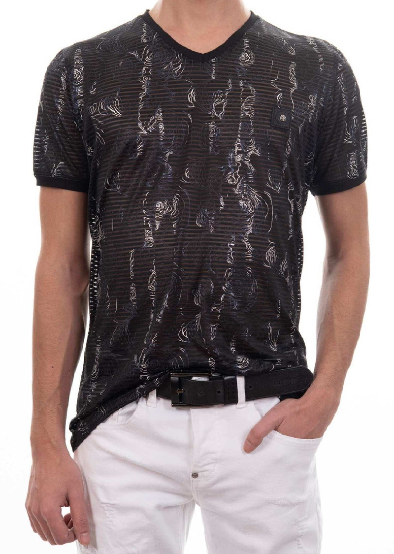 Black Silver Floral Foil Lace Tee